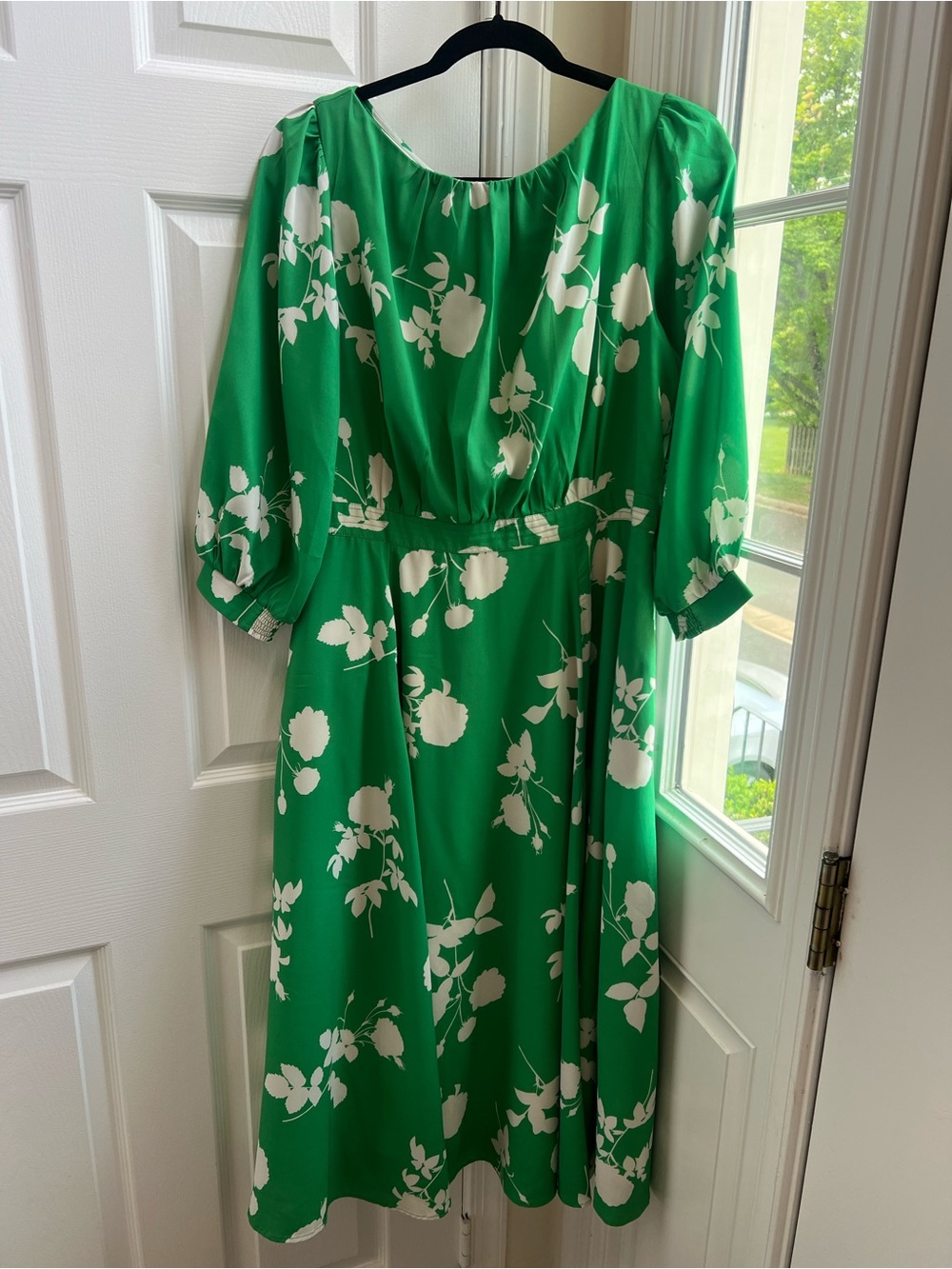 eShakti Green White Floral Fit & Flare Midi Dress Size 14 Puff Sleeve